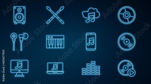 Set line Vinyl disk, Music streaming service, synthesizer, Air headphones, Stereo speaker, player and Drum sticks icon. Vector