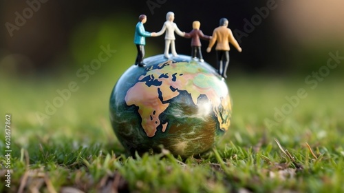 miniature people hand in hand standing on the globe