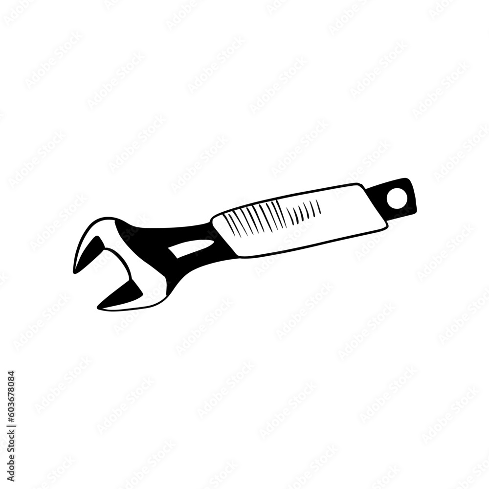 Obraz premium Vector sketch hand drawn silhouette of adjustable wrench, doodle art
