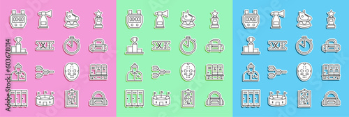 Set line Sport bag, Locker changing room, Skates, Hockey sports ticket, over winner podium, Stopwatch and icon. Vector