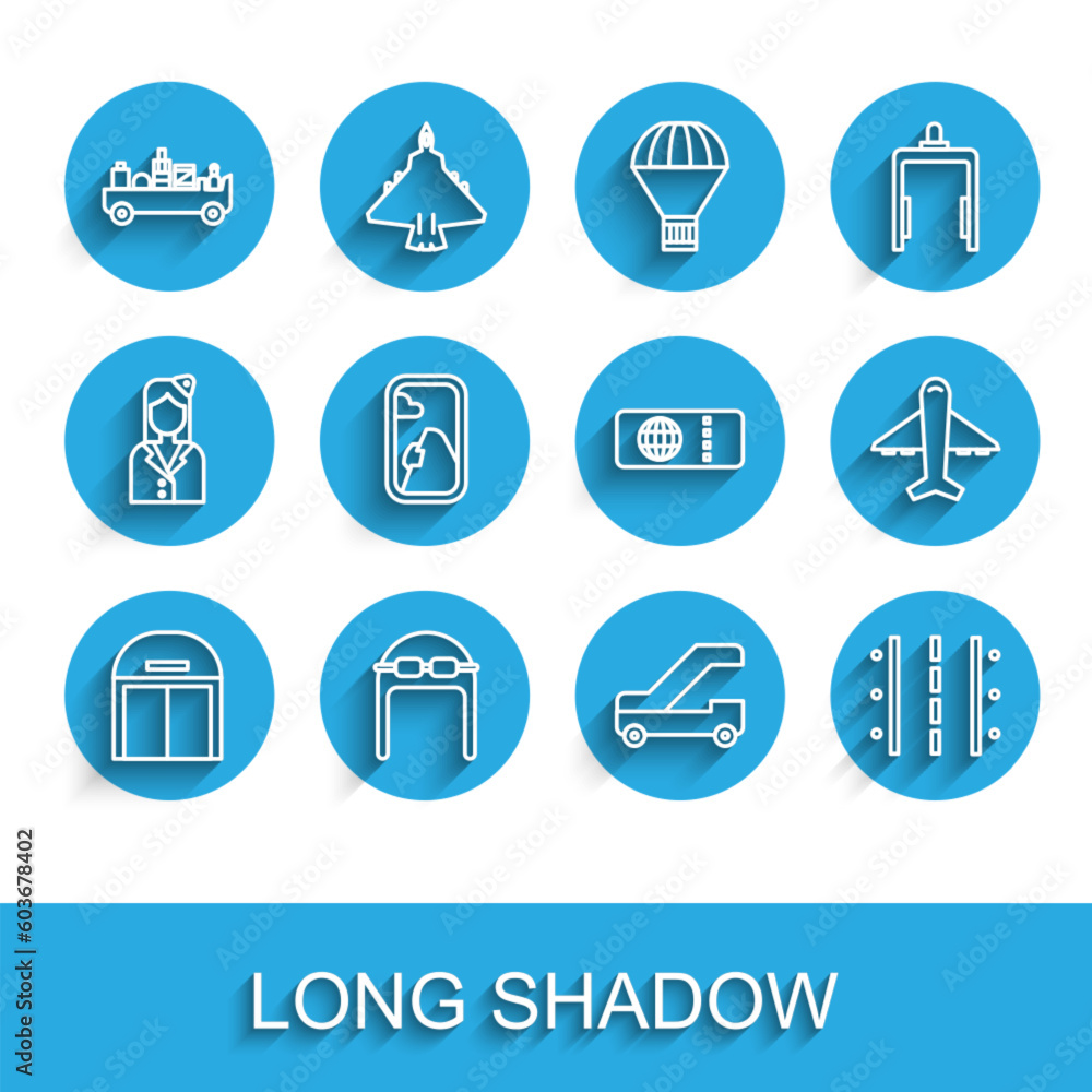 Set line Aircraft hangar, Aviator hat with goggles, Airport luggage towing truck, Passenger ladder for plane boarding, runway, Airplane window, Plane and Airline ticket icon. Vector Set line Aircraft hangar, Aviator hat with goggles, Airport luggage towing truck, Passenger ladder for plane boarding, runway, Airplane window, Plane and Airline ticket icon. Vector