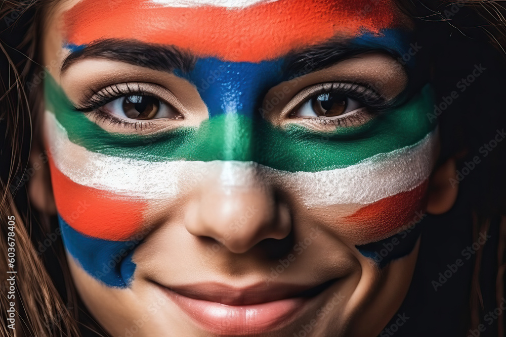 A woman with her face painted in the colors of the flag of ireland A woman with her face painted in the colors of the flag of ireland