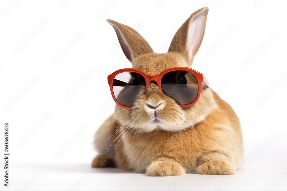 Red cute rabbit in sunglasses on a white background. AI generative.