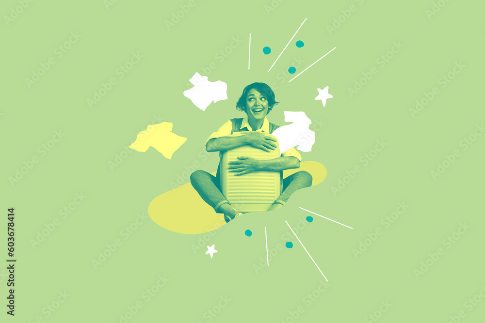 Fototapeta premium Artwork collage picture of black white effect positive minded girl arms hold hug suitcase think choose clothes vacation isolated on green background