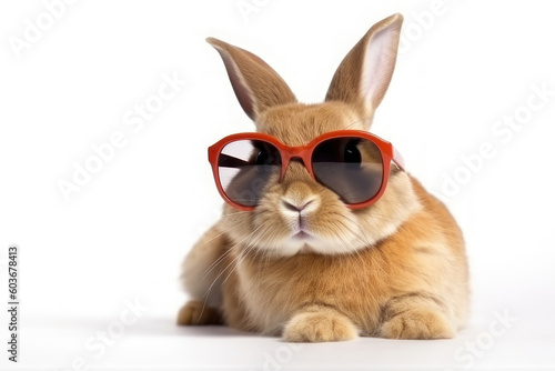 Red cute rabbit in sunglasses on a white background. AI generative.