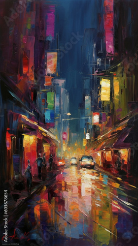 Night city in the style of a portrait with oil paints. AI generated.