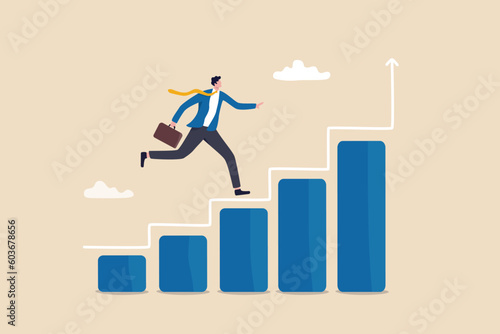 Progress or improvement to success, step forward to grow business, journey to achieve goal, ambition or career path concept, businessman walk up growth chart and graph with stair to success.