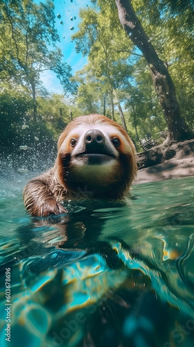 cute sloth out swimming in a river