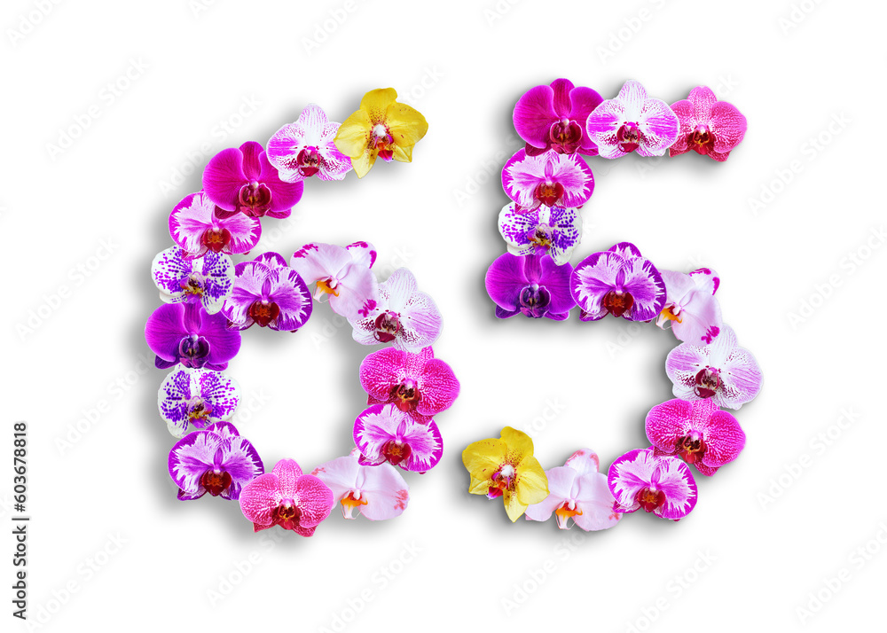 The shape of the number 65 is made of various kinds of orchid flowers. suitable for birthday, anniversary and memorial day templates