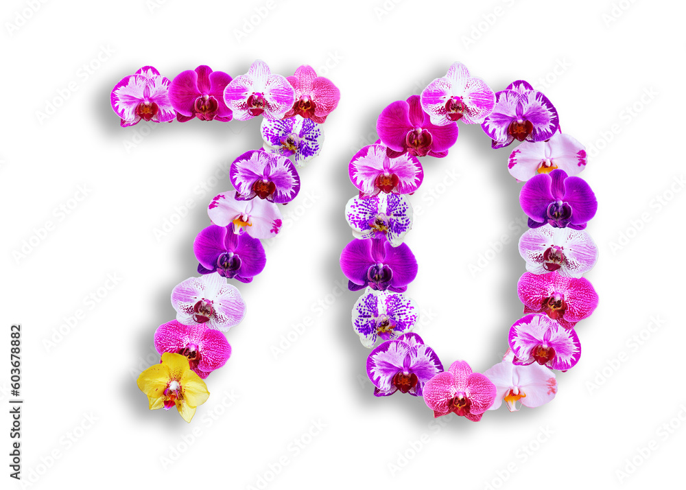 The shape of the number 70 is made of various kinds of orchid flowers. suitable for birthday, anniversary and memorial day templates