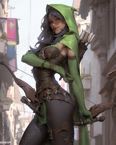a girl with a bow and arrow wearing a green hood