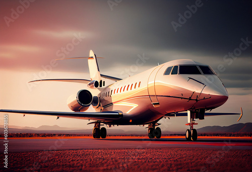 Luxury private jet aircraft on the runway. AI generative.