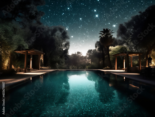 a swimming pool with a sky full of stars