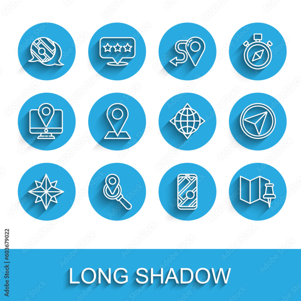 Set line Wind rose, Search location, Infographic of city map navigation, City, Folded with push pin, Location, and World globe compass icon. Vector Set line Wind rose, Search location, Infographic of city map navigation, City, Folded with push pin, Location, and World globe compass icon. Vector