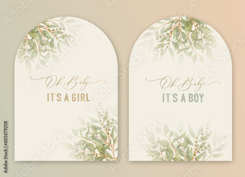 Oh baby. Baby Shower Arch Invitation card with calligraphy and green watercolor botanical leaves. Abstract floral art background vector design for wedding and vip cover template.