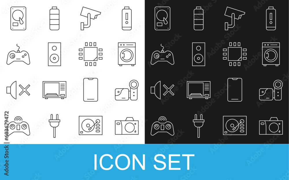 Set line Photo camera, Cinema, Washer, Security, Stereo speaker, Gamepad, Hard disk drive HDD and Processor with microcircuits CPU icon. Vector Set line Photo camera, Cinema, Washer, Security, Stereo speaker, Gamepad, Hard disk drive HDD and Processor with microcircuits CPU icon. Vector