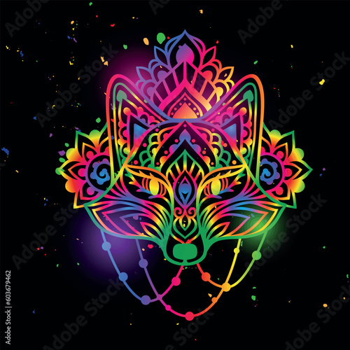 Fototapeta Naklejka Na Ścianę i Meble -  Fox mandala head psychedelic. Vector illustration. Colorful Ethnic drawing. Fox animal in Zen boho style. For party hippie, hallucination psilocybin 60s, 70s