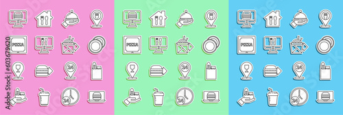 Set line Online ordering burger delivery, Shopping bag and food, Plate, Covered with tray of, Pizza cardboard box, and noodles icon. Vector