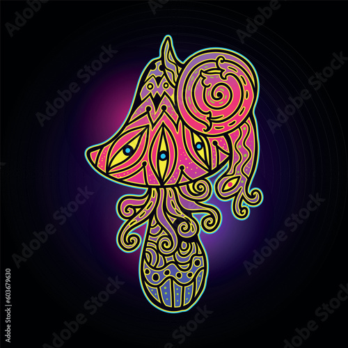 Magic Mushrooms. Psychedelic poster fluorescent, neon.Vector illustration. Zen art. Decorative mushrooms, hippie, hallucination psilocybin 60s 70s