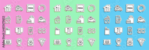 Set line Slice of pizza, Coffee cup to go, Fast delivery by car, Pizza in cardboard box, Food ordering, Asian noodles and chopsticks, Online and burger icon. Vector