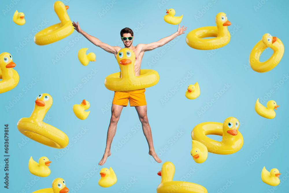 Web internet poster collage of summer shopping sale young guy funny flying swimming with duck buoy on blue water background Web internet poster collage of summer shopping sale young guy funny flying swimming with duck buoy on blue water background
