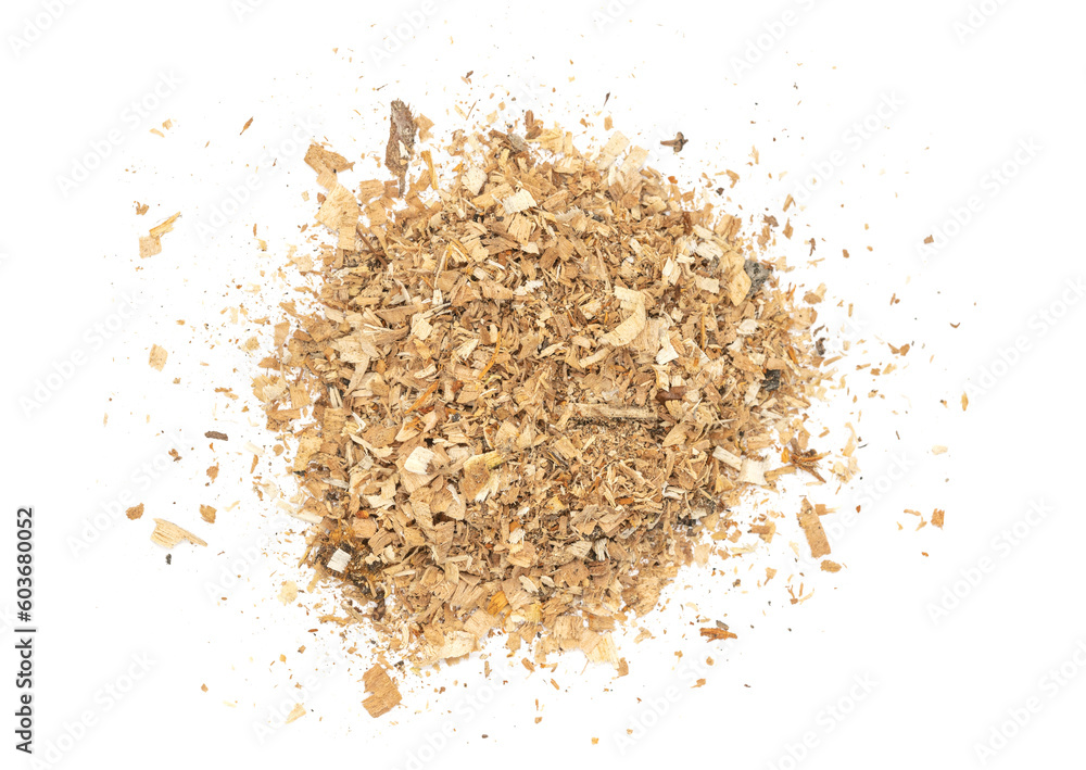 Wood texture shavings and sawdust isolated on white background . Pile of sawdust close up top view. Wood texture shavings and sawdust isolated on white background . Pile of sawdust close up top view.