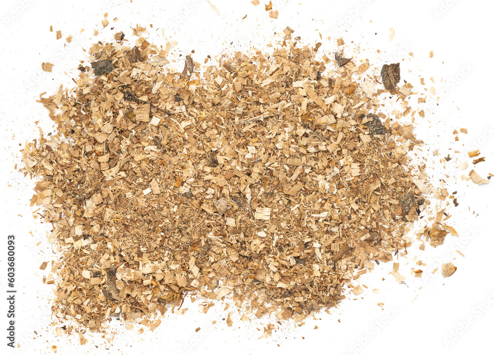 Wood texture shavings and sawdust isolated on white background . Pile of sawdust close up top view. Wood texture shavings and sawdust isolated on white background . Pile of sawdust close up top view.