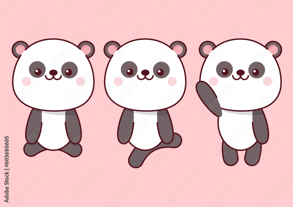 Set of kawaii pandas in different poses on a pink background Set of kawaii pandas in different poses on a pink background