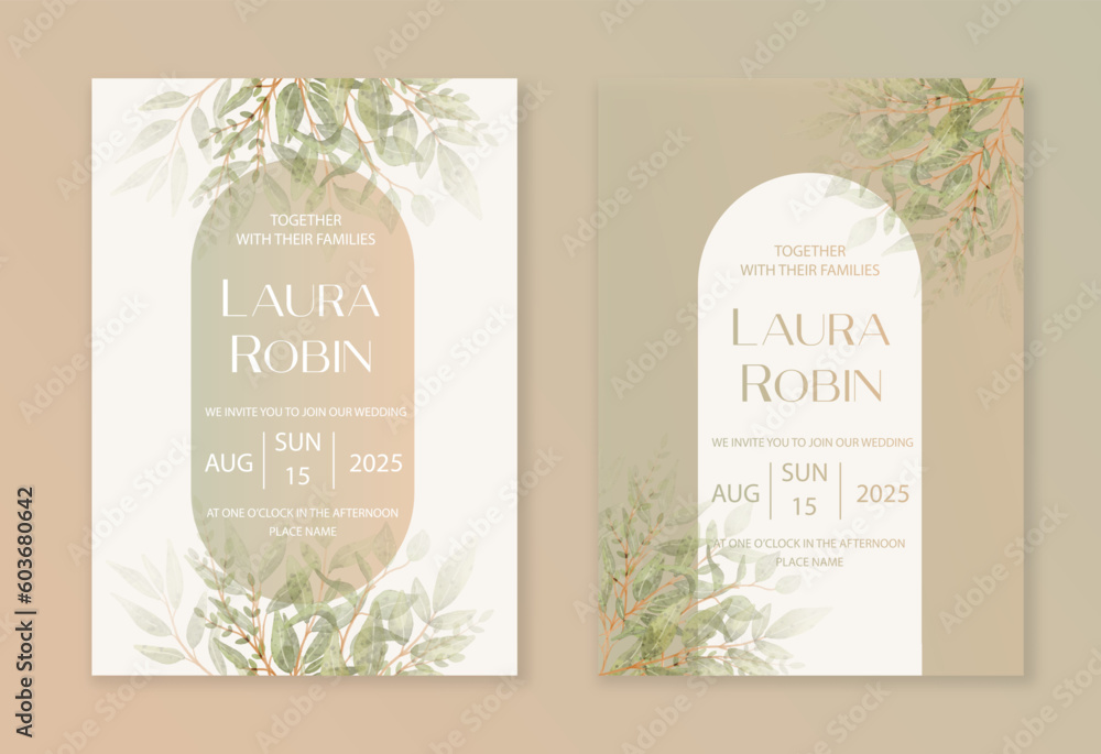 Luxury arch wedding invitation card background with green watercolor ...