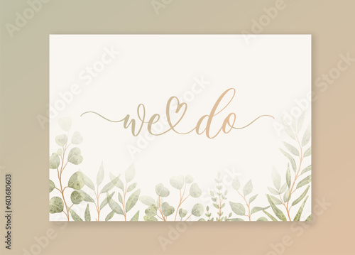 We do calligraphy card background with green watercolor botanical leaves. Abstract floral art background vector design for wedding invitation and vip cover template.