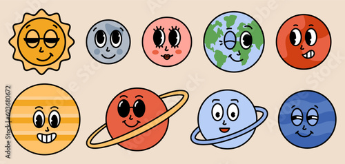 Funny cartoon planets of solar system characters. Mercury, Venus, Earth, Mars, Jupiter, Saturn, Uranus, Neptune groovy sticker pack. Comic elements in trendy retro cartoon style. Vector illustration

