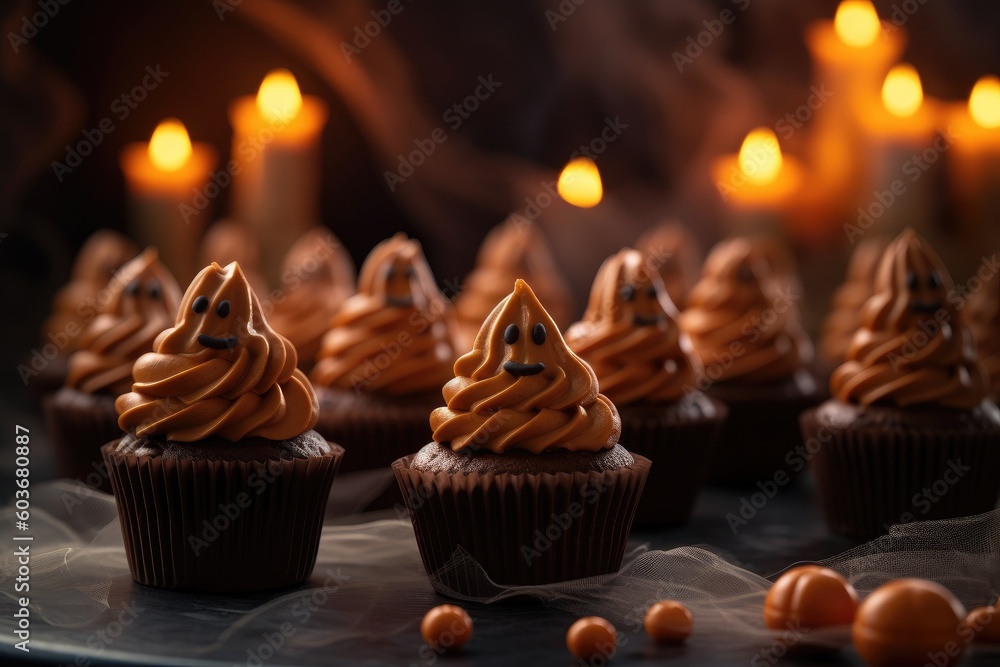 Halloween cupcakes with ghost decorations and chocolate frosting, in the style of a haunted atmosphere, dark orange and dark gray. Generative AI