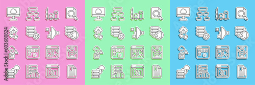 Set line File document, Server, Data, Web Hosting, Network cloud connection, analysis, and gear, Cloud hacking, technology data transfer and Filter setting icon. Vector