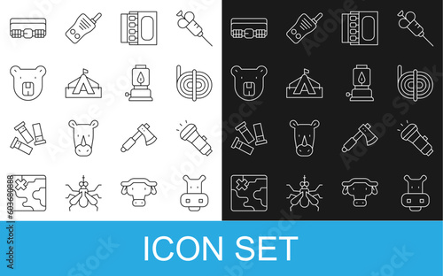 Set line Hippo or Hippopotamus, Flashlight, Climber rope, Matchbox and matches, Tourist tent, Bear head, Hunting cartridge belt and Camping lantern icon. Vector