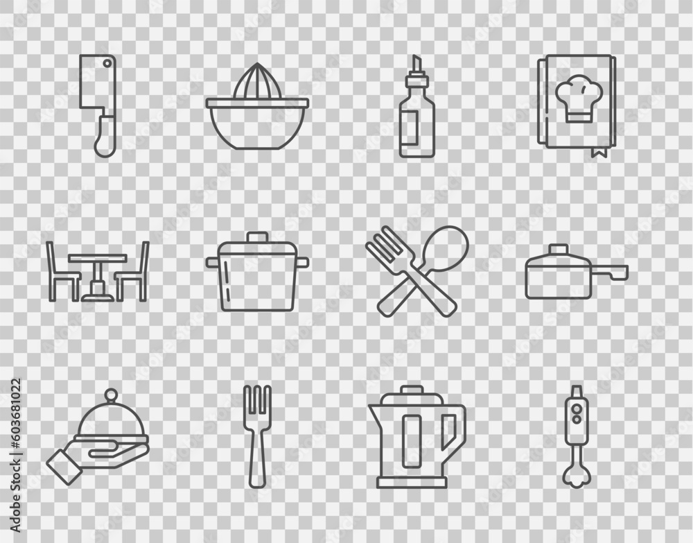 Set line Covered with tray, Blender, Bottle of olive oil, Fork, Meat chopper, Cooking pot, Electric kettle and Frying pan icon. Vector Set line Covered with tray, Blender, Bottle of olive oil, Fork, Meat chopper, Cooking pot, Electric kettle and Frying pan icon. Vector