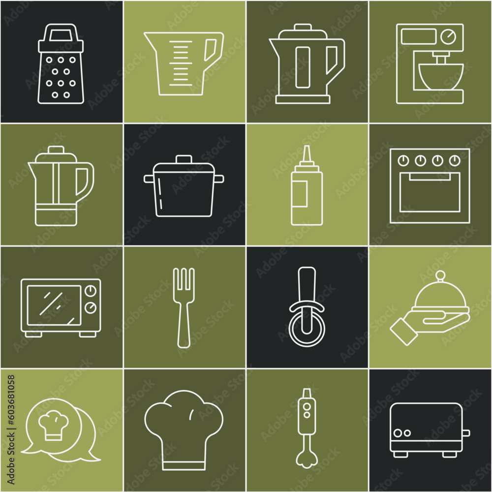 Set line Toaster, Covered with tray, Oven, Electric kettle, Cooking pot, Teapot, Grater and Sauce bottle icon. Vector Set line Toaster, Covered with tray, Oven, Electric kettle, Cooking pot, Teapot, Grater and Sauce bottle icon. Vector