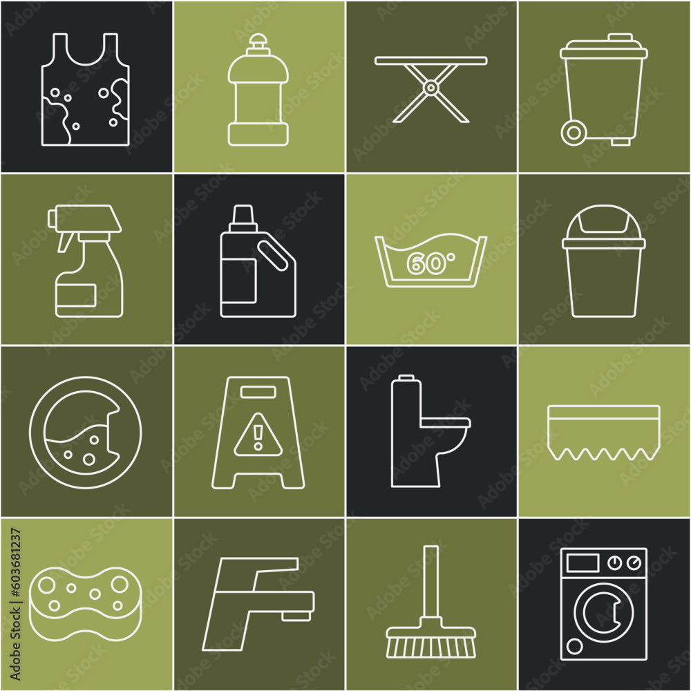 Set line Washer, Sponge, Trash can, Ironing board, Bottle for cleaning agent, Cleaning spray bottle, Dirty t-shirt and Temperature wash icon. Vector Set line Washer, Sponge, Trash can, Ironing board, Bottle for cleaning agent, Cleaning spray bottle, Dirty t-shirt and Temperature wash icon. Vector