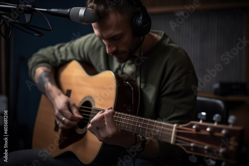 Man playing a guitar in a recording studio art generative ai