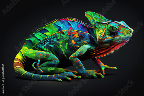 Image of a chameleon with beautiful bright colors on black background. Pet. Animals. Illustration. Generative AI. © yod67