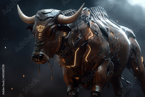 Image of a bull modified into a electronics robot on a dark background. Wildlife Animals. Illustration, Generative AI.