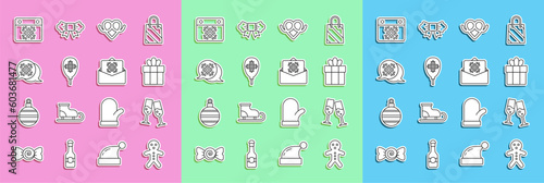 Set line Holiday gingerbread man cookie, Glass of champagne, Gift box, Pretzel, Balloons with snowflake, Snowflake speech bubble, Calendar and Christmas postcard icon. Vector