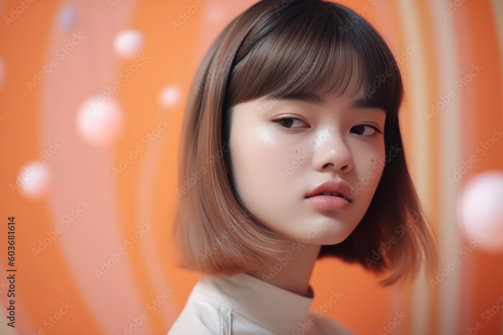 Young girl on abstract background, that reflects the girl's playful spirit. Generative AI