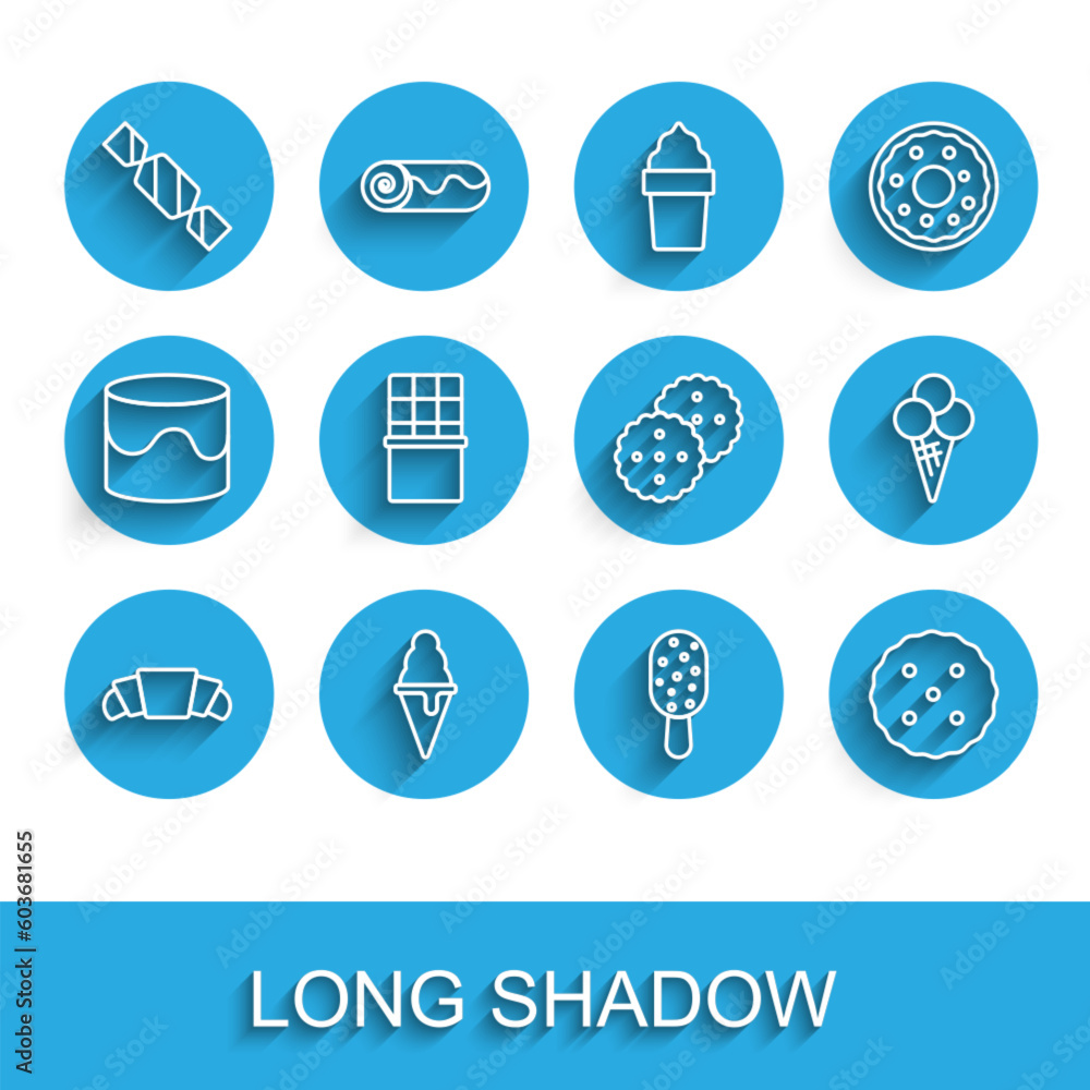 Set line Croissant, Ice cream in waffle cone, Candy, Cookie or biscuit, Chocolate bar, and icon. Vector Set line Croissant, Ice cream in waffle cone, Candy, Cookie or biscuit, Chocolate bar, and icon. Vector