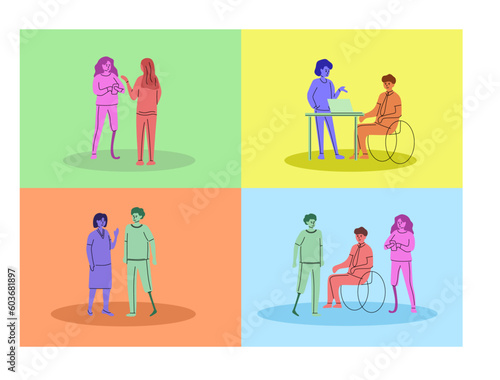 Set of illustrations of people with disabilities. Inclusive workplace, diverse business. Disabled people in different situations