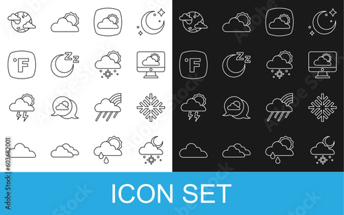Set line Cloud with snow and sun, Snowflake, Weather forecast, Time to sleep, Fahrenheit, Earth planet clouds and icon. Vector