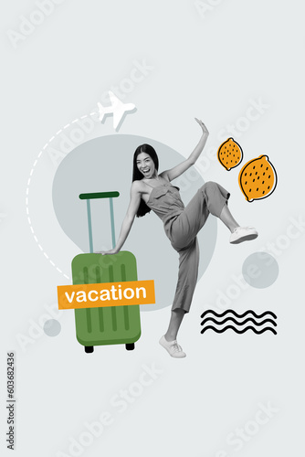 Creative collage overjoyed crazy korean girl dancing airport terminal celebrate summer vacation voyage baggage isolated on grey background photo