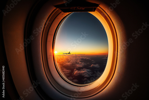 Ai generated illustration view of typical airplane window view with pastel sky sunset and dark background