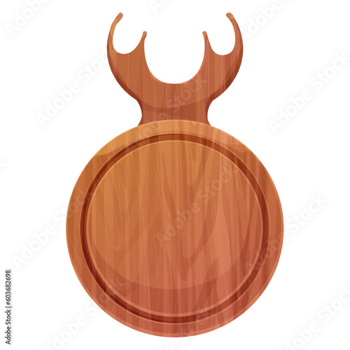 Cutting board wooden circle chopping desk with horns top view in cartoon style isolated on white background. Wood shield, menu mockup