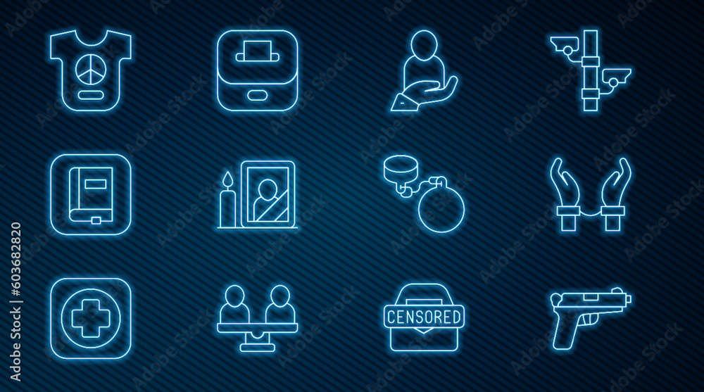 Set line Pistol or gun, Handcuffs on hands of criminal, Life insurance, Mourning photo frame, Law book, Peace, Ball chain and Vote box icon. Vector Set line Pistol or gun, Handcuffs on hands of criminal, Life insurance, Mourning photo frame, Law book, Peace, Ball chain and Vote box icon. Vector