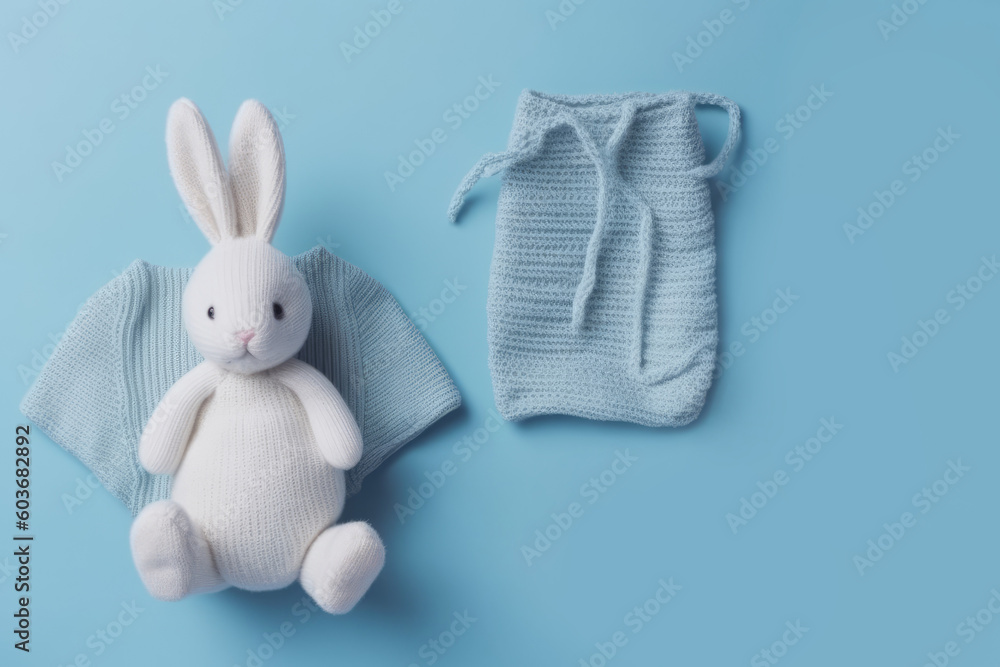 Obraz premium Beautifully decorated baby shower blue soft toy Bunny on blue background. Flat lay. Is a boy. Generated Ai